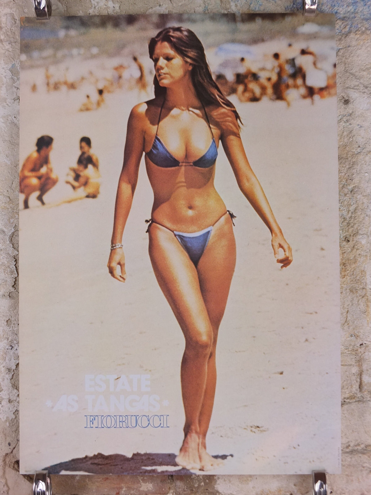 1980s Fiorucci rare Poster, Italian fashion label, beautiful woman in blue bikini, "Estate as Targas" advertising retro wall art decor