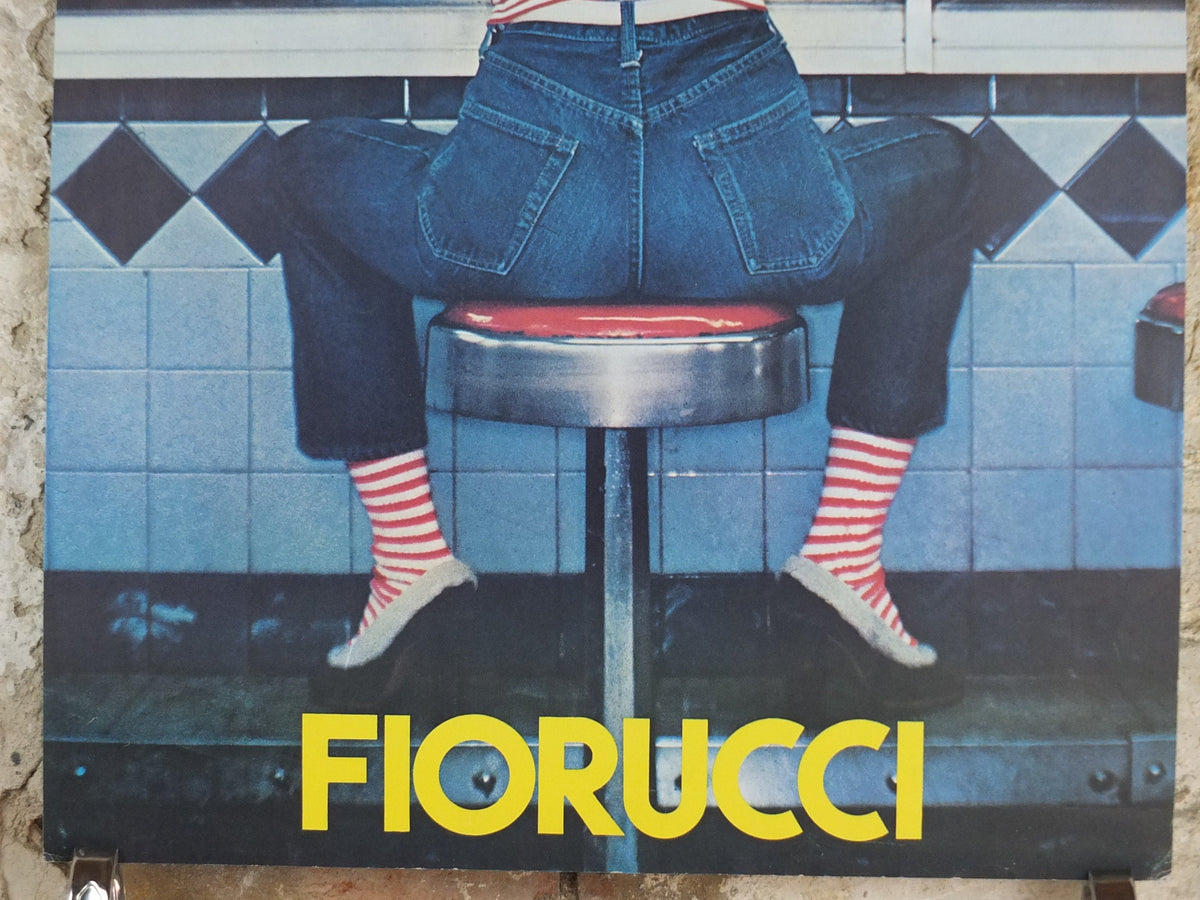 1980s Fiorucci rare Poster, Jeans spread on diner stool in red and white stripes, Italian fashion label, advertising retro wall art decor