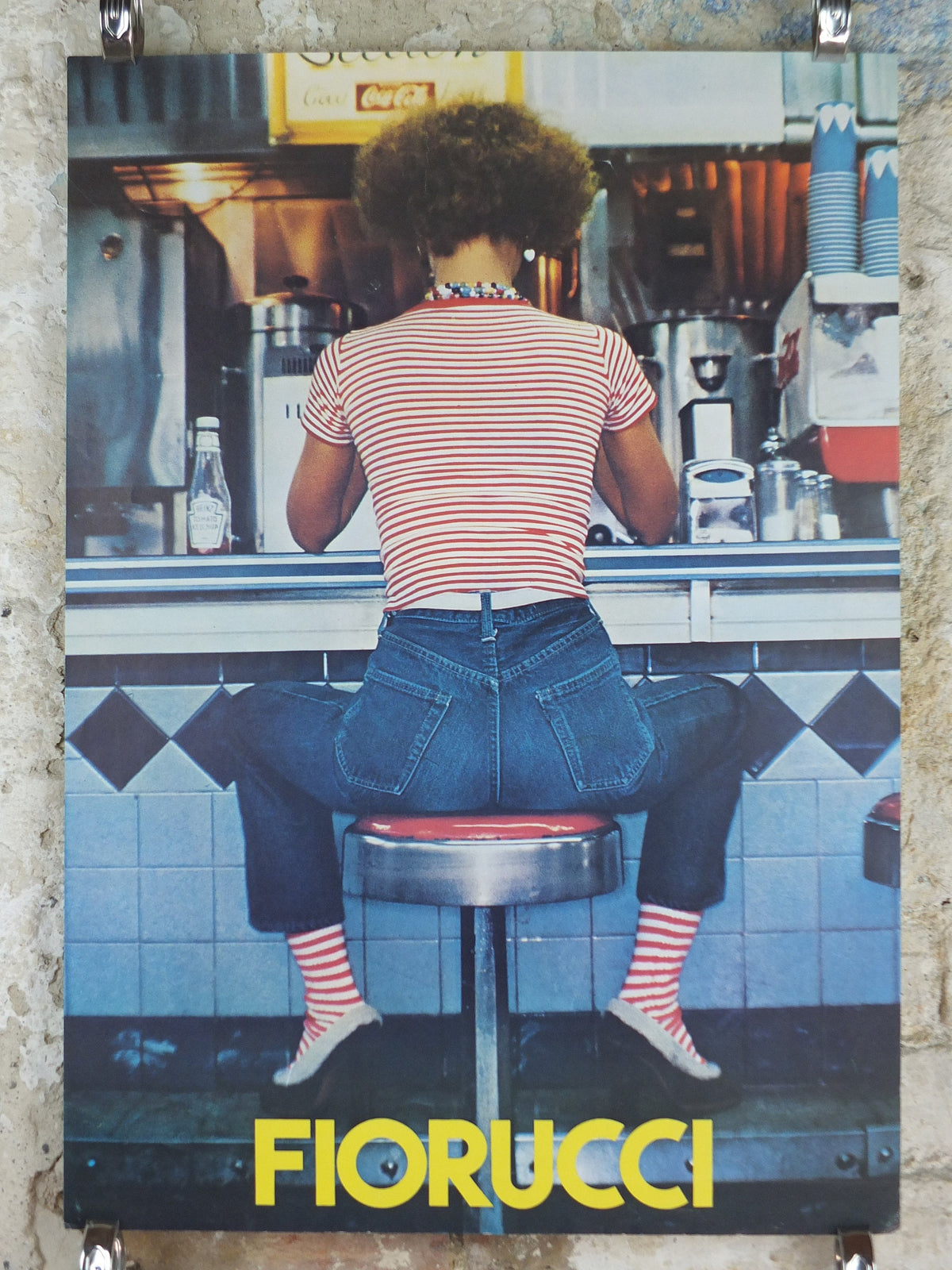 1980s Fiorucci rare Poster, Italian fashion label, Jeans spread on Diner stool in red and white stripes, advertising retro wall art decor