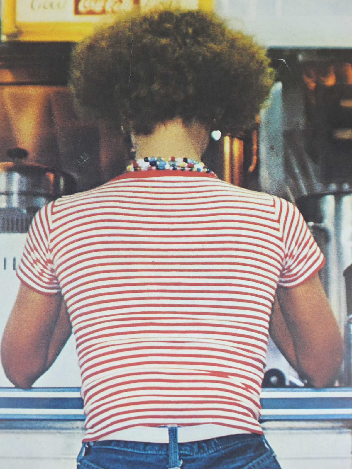 1980s Fiorucci rare Poster, Jeans spread on diner stool in red and white stripes, Italian fashion label, advertising retro wall art decor