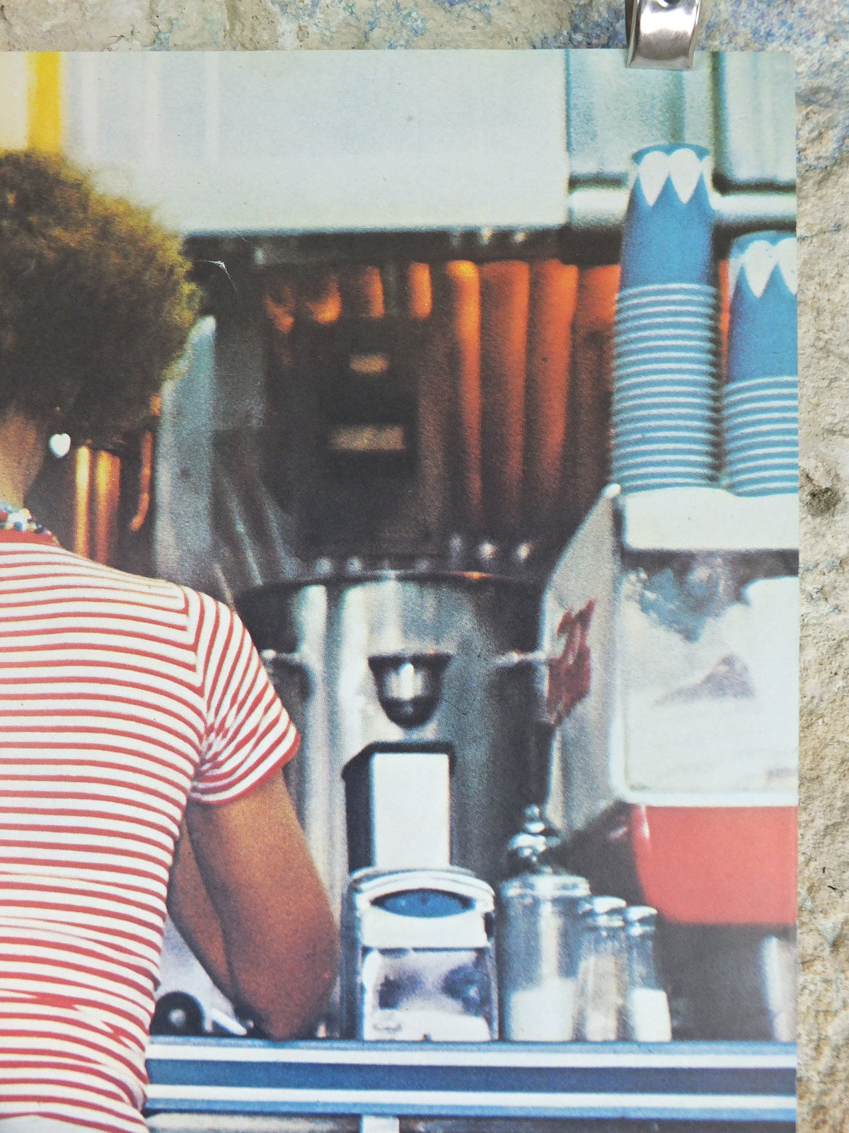 1980s Fiorucci rare Poster, Jeans spread on diner stool in red and white stripes, Italian fashion label, advertising retro wall art decor