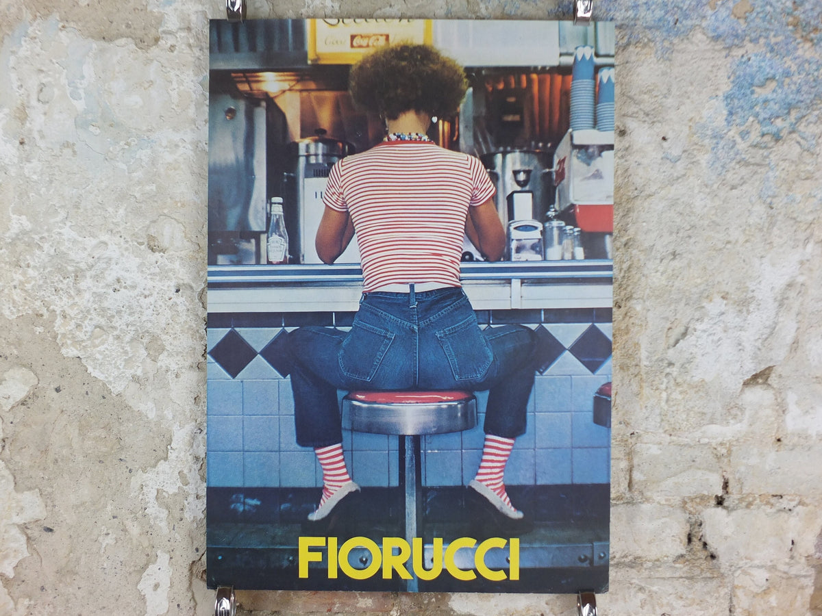 1980s Fiorucci rare Poster, Jeans spread on diner stool in red and white stripes, Italian fashion label, advertising retro wall art decor