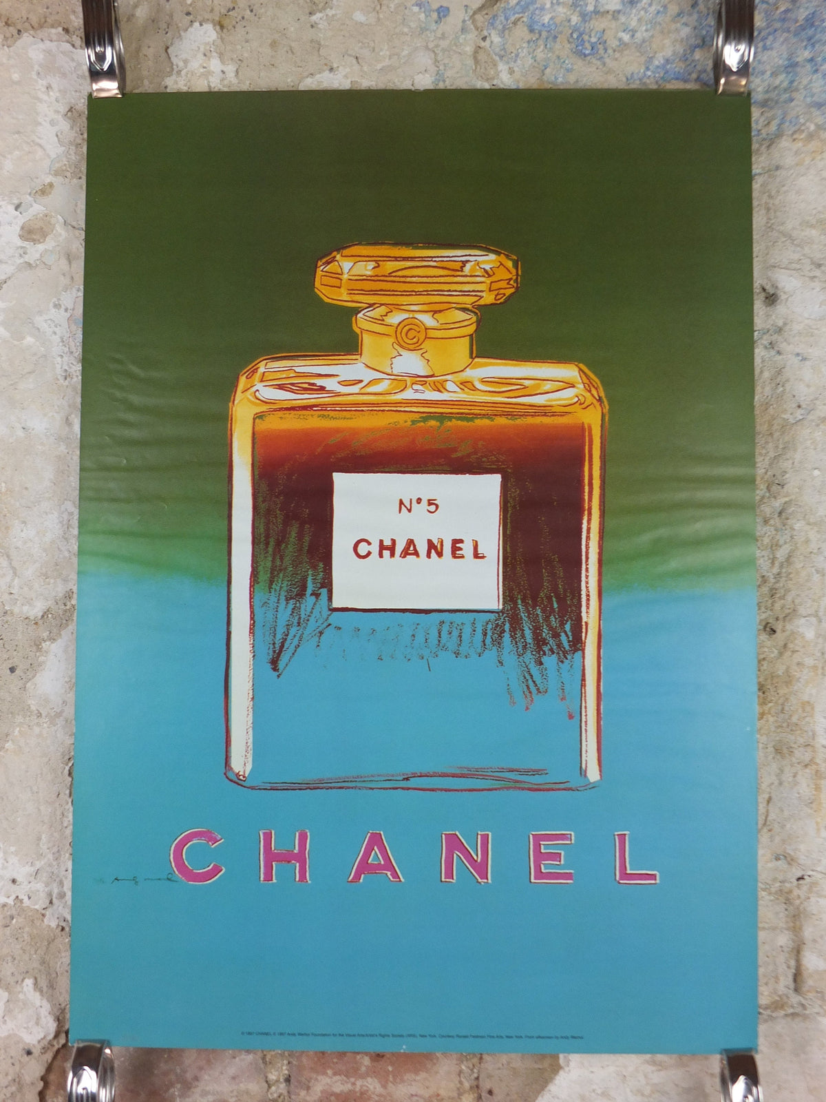 1997 No 5 Chanel Poster, by Andy Warhol, perfume bottle, cosmetics, from Selfridges advertising, bold green and blue, pop art wall art decor