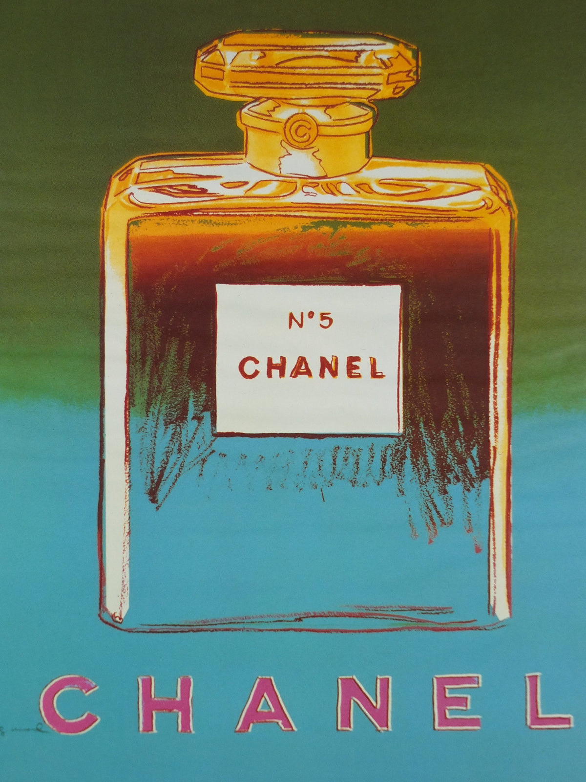 1997 No 5 Chanel Poster, by Andy Warhol, perfume bottle, cosmetics, from Selfridges advertising, bold green and blue, pop art wall art decor