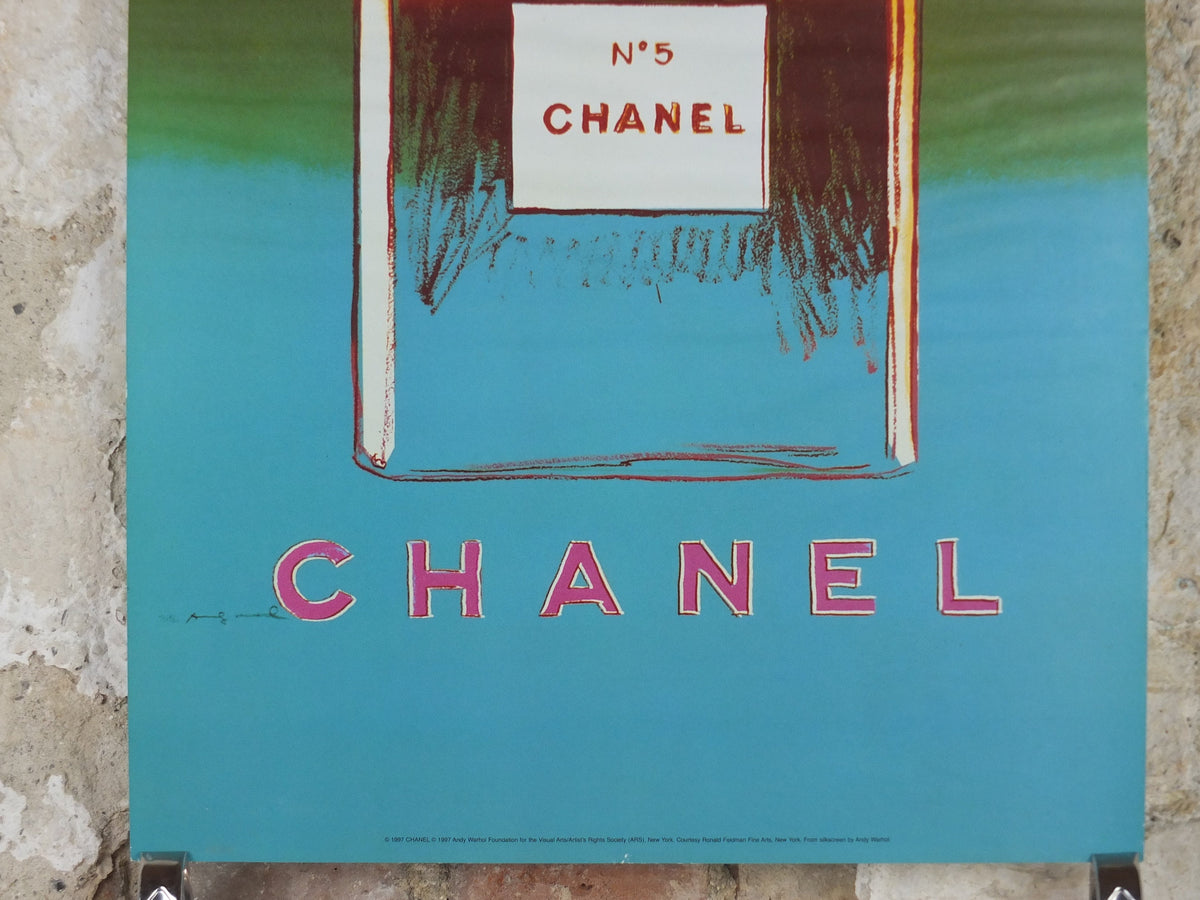 1997 No 5 Chanel Poster, by Andy Warhol, perfume bottle, cosmetics, from Selfridges advertising, bold green and blue, pop art wall art decor
