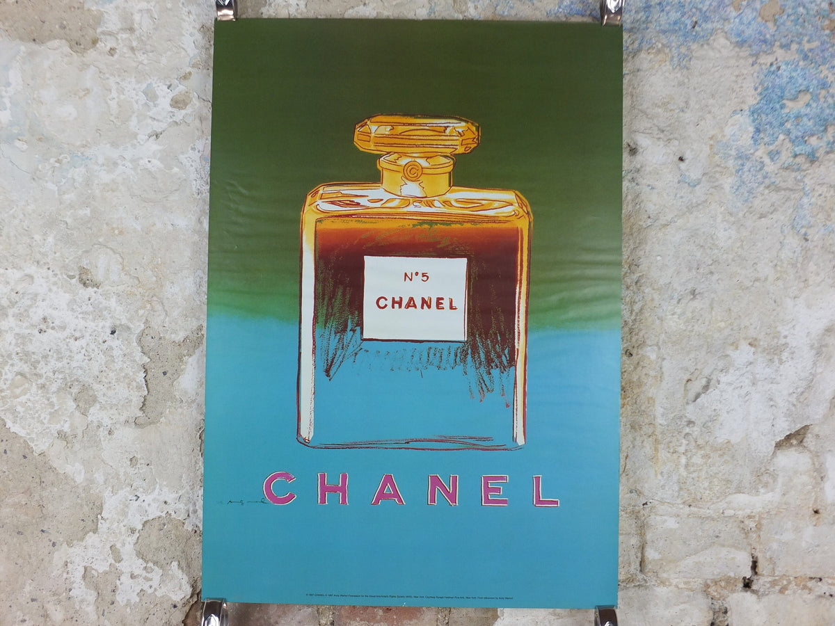 1997 No 5 Chanel Poster, by Andy Warhol, perfume bottle, cosmetics, from Selfridges advertising, bold green and blue, pop art wall art decor