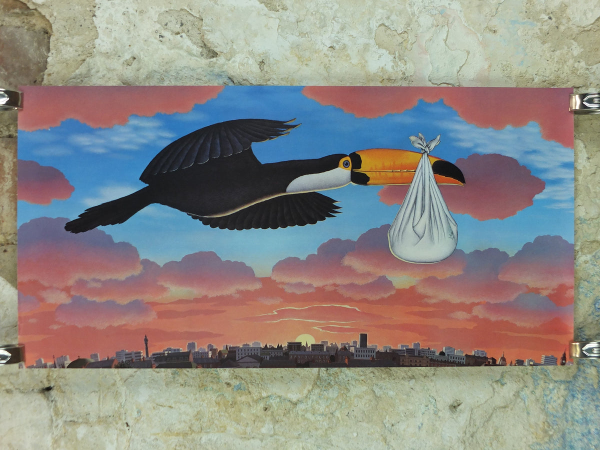 1982 Toucan Guinness Poster, Toucan as "the stork" delivering baby, Prince William, advertising ale Irish stout beer print wall art retro