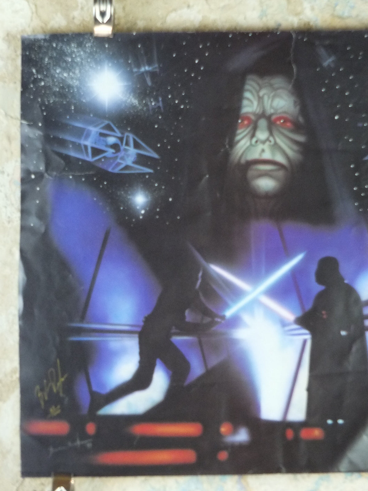 Signed 1997 Luke and Darth Vader Poster, Final lightsaber battle by Brian Rolfe, Emperor Palpatine, Lucasfilm, wall art film memorabilia