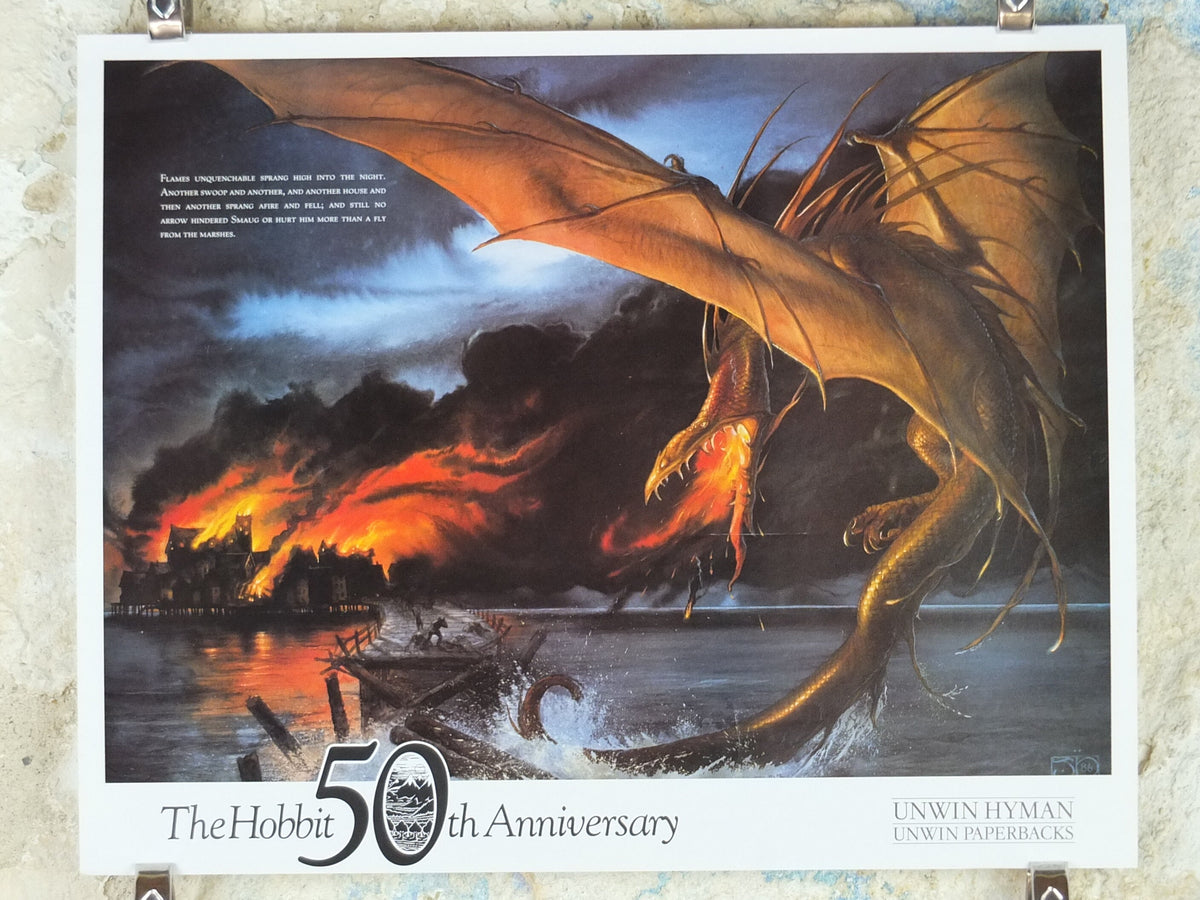 1987 The Death of Smaug Poster, by John Howe, The Hobbit 50th Anniversary, J.R.R. Tolkien, Bard the Bowman, Laketown, fantasy wall art decor