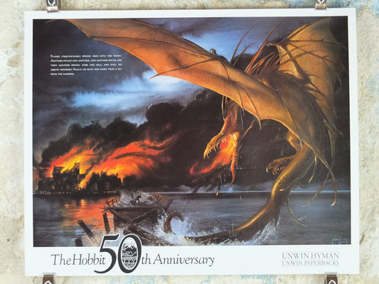 1987 The Death of Smaug Poster, by John Howe, The Hobbit 50th Anniversary, J.R.R. Tolkien, Bard the Bowman, Laketown, fantasy wall art decor