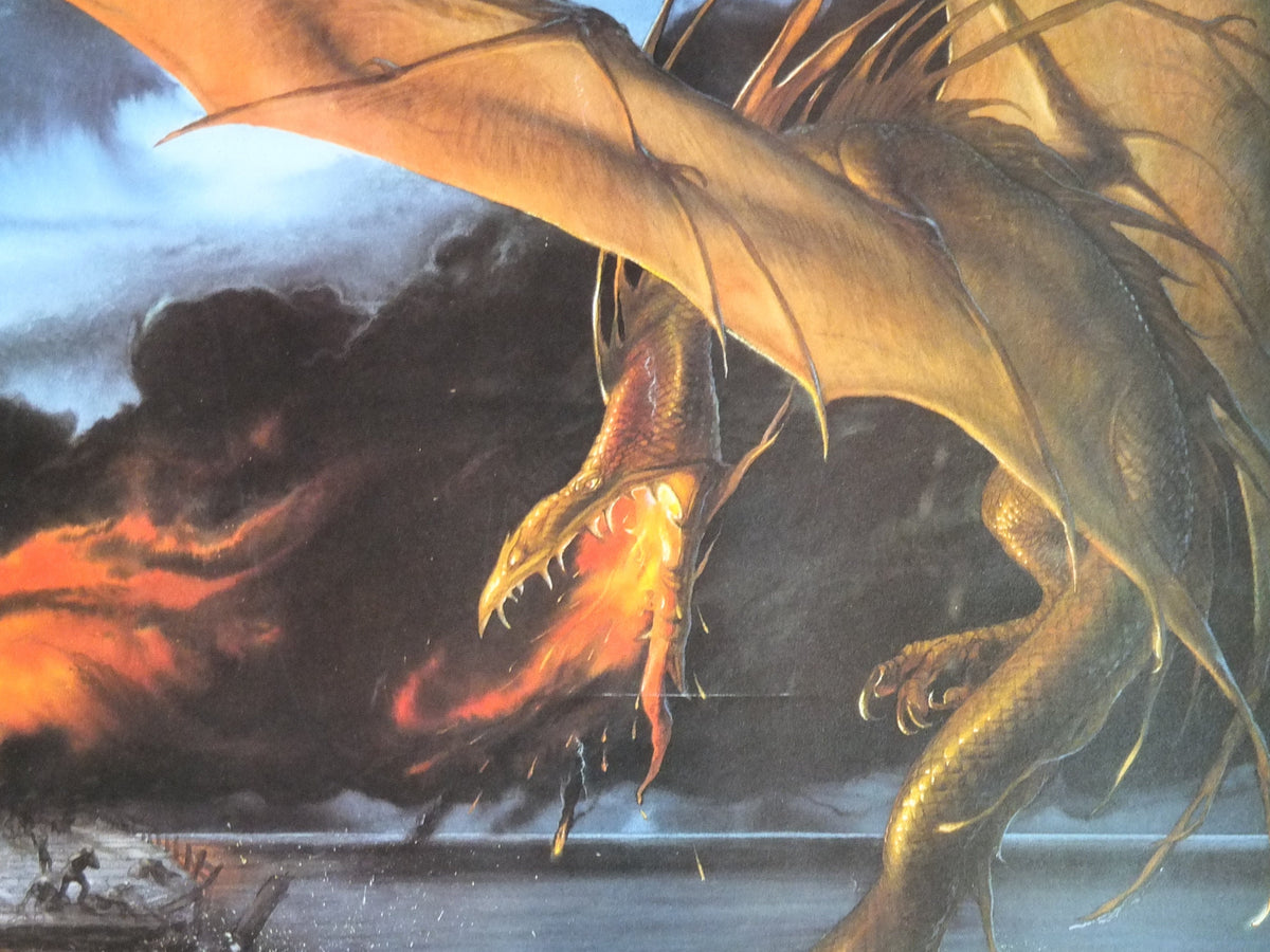 1987 The Death of Smaug Poster, by John Howe, The Hobbit 50th Anniversary, J.R.R. Tolkien, Bard the Bowman, Laketown, fantasy wall art decor