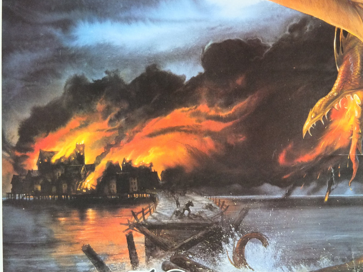 1987 The Death of Smaug Poster, by John Howe, The Hobbit 50th Anniversary, J.R.R. Tolkien, Bard the Bowman, Laketown, fantasy wall art decor