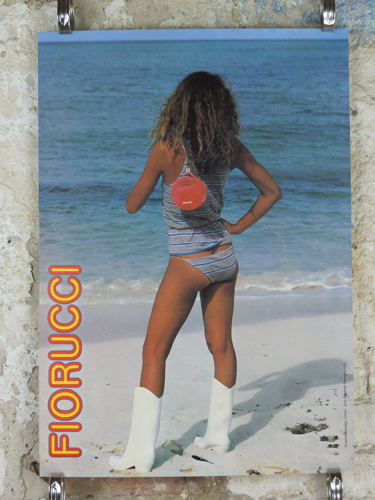 1980s Fiorucci rare Poster, Italian fashion label, beautiful beach babe in blue bikini and white boots, advertising retro wall art decor