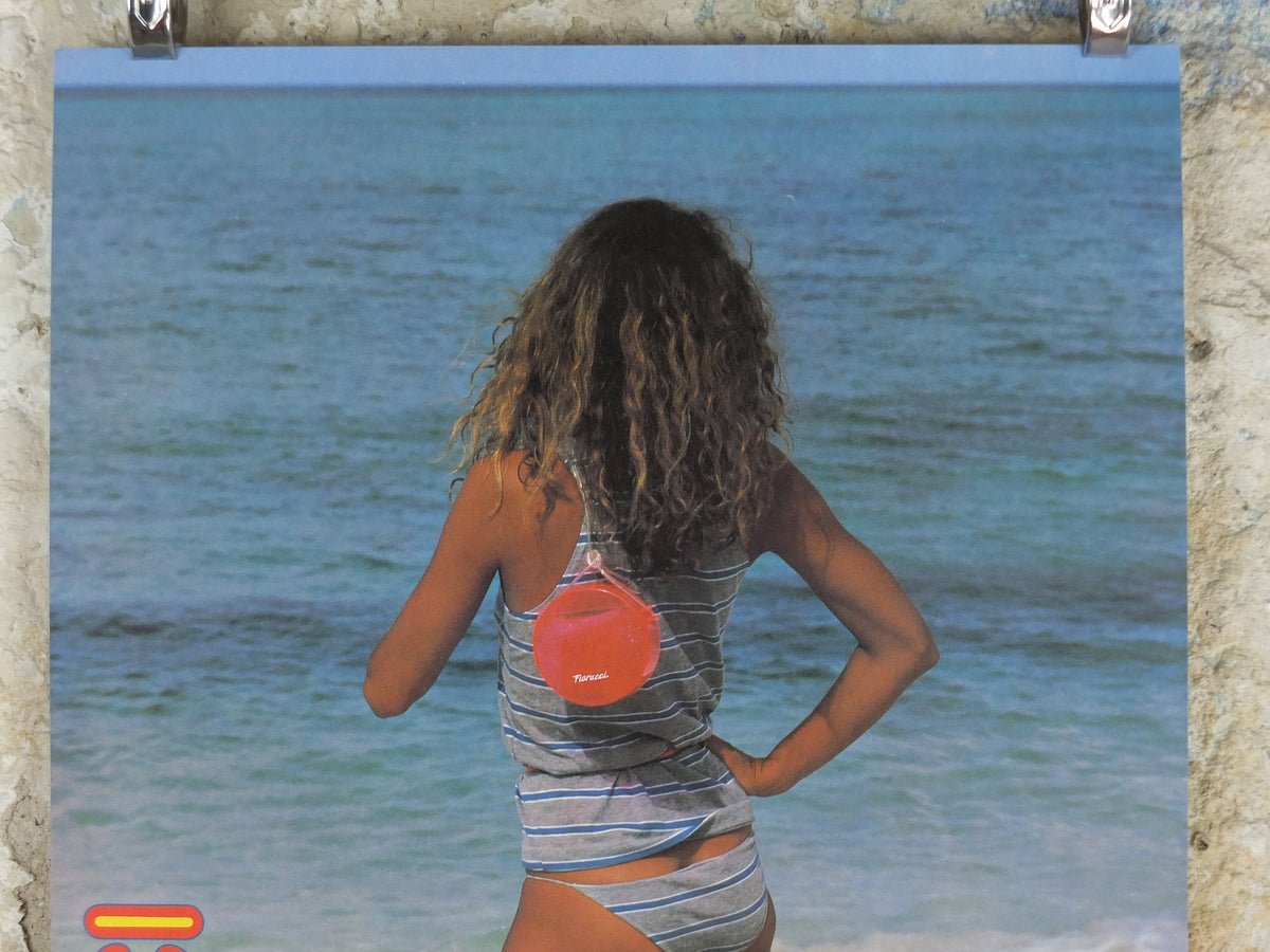 1980 Fiorucci rare Poster, beautiful beach babe in blue bikini and white boots, Italian fashion label, advertising retro wall art decor