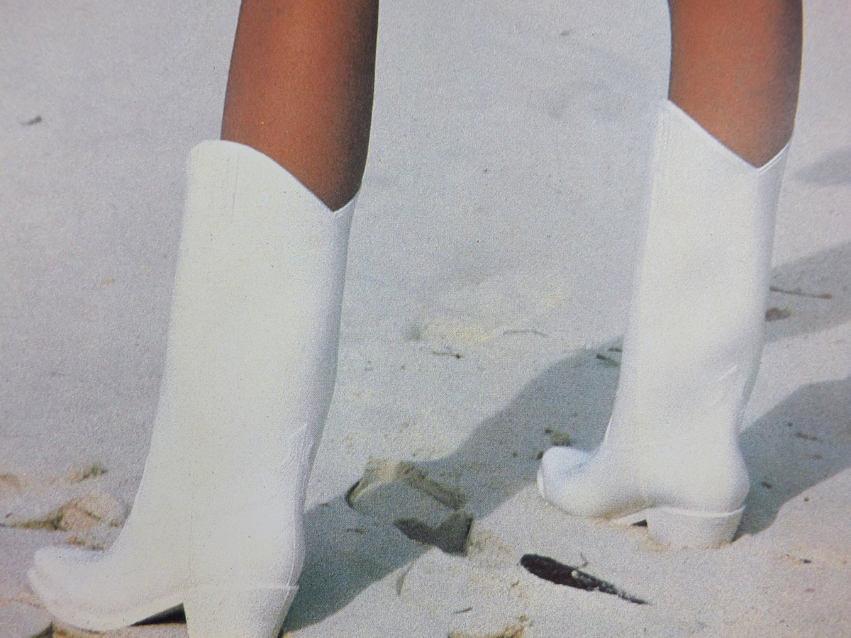 1980 Fiorucci rare Poster, beautiful beach babe in blue bikini and white boots, Italian fashion label, advertising retro wall art decor