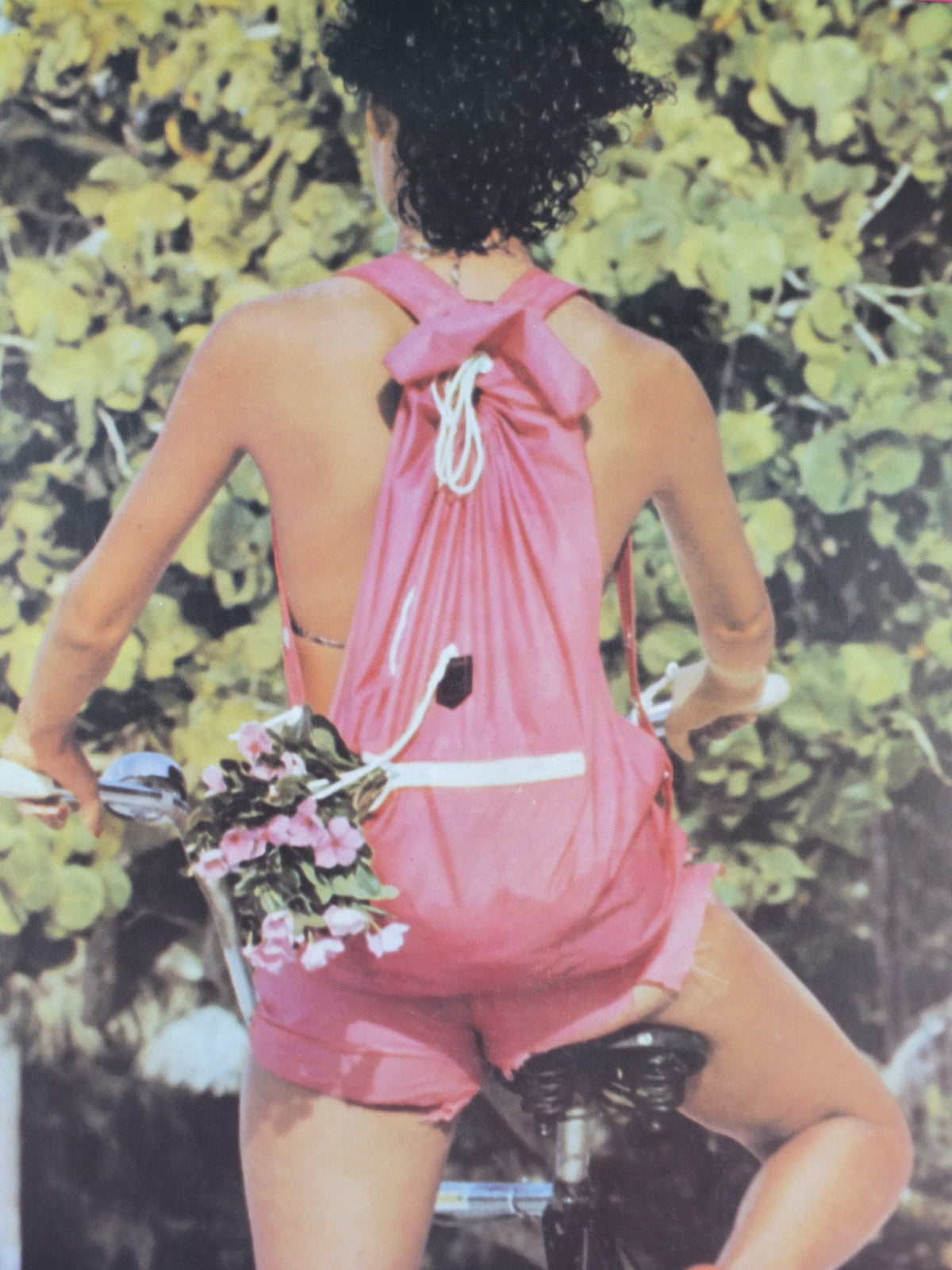 1980 Fiorucci rare Poster, girl with pink cutoff pants and backpack on a bike, Italian fashion label, advertising retro wall art decor