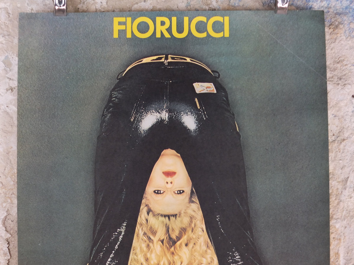 1980s Fiorucci rare Poster, Italian fashion label, blonde woman bent over in shiny vinyl latex black jeans, advertising retro wall art decor