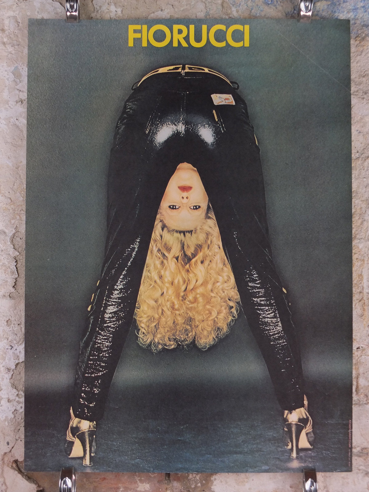 1980s Fiorucci rare Poster, Italian fashion label, blonde woman bent over in shiny vinyl latex black jeans, advertising retro wall art decor