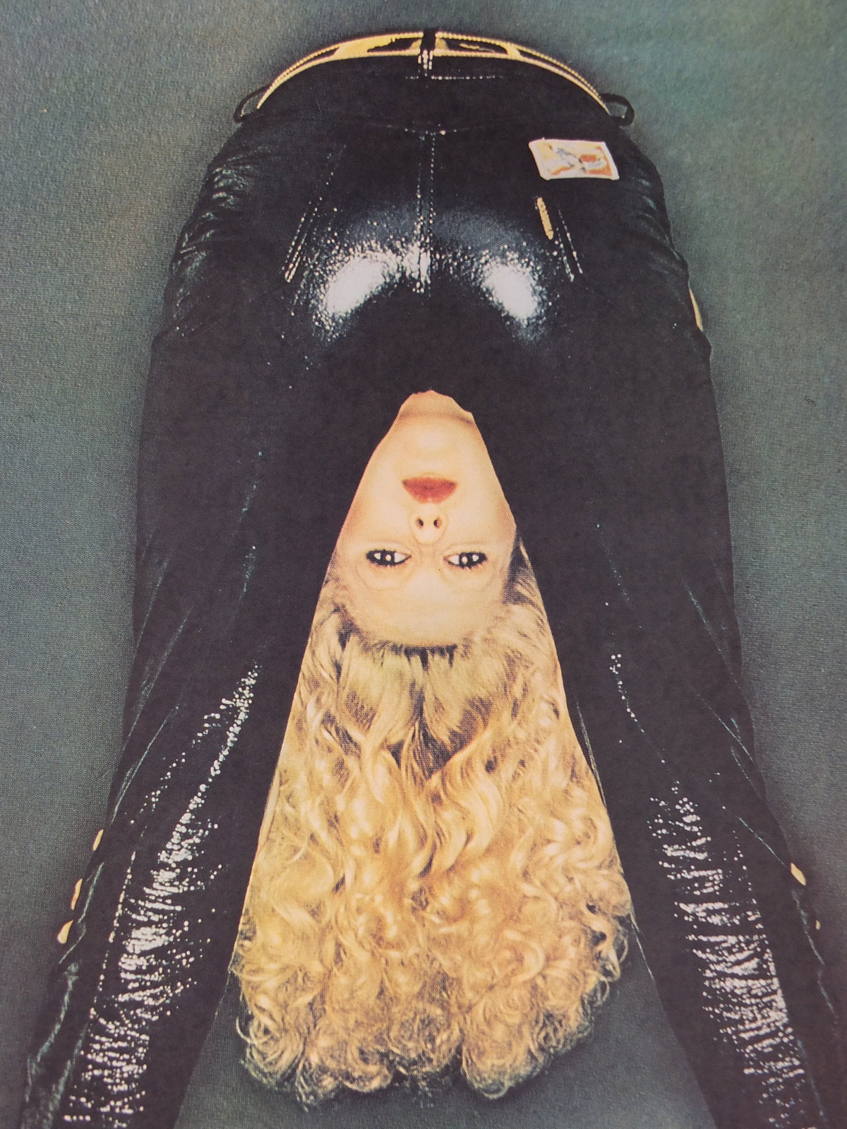 1980s Fiorucci rare Poster, Italian fashion label, blonde woman bent over in shiny vinyl latex black jeans, advertising retro wall art decor
