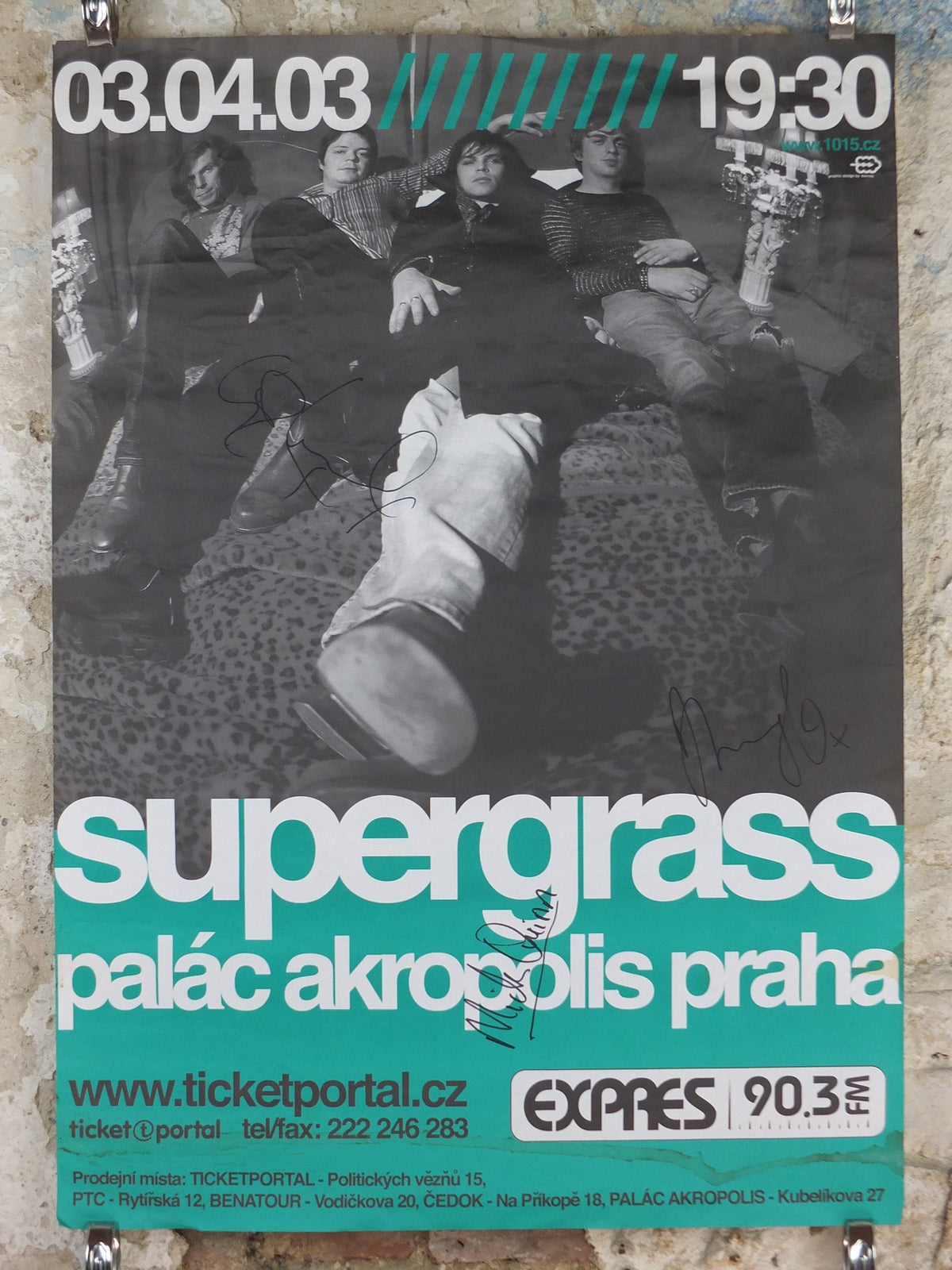 2003 signed Supergrass Concert Poster, Palac Akropolis Praha, signed by Gaz, Mick and Danny, Prague, Czechia, Britpop, music wall art decor