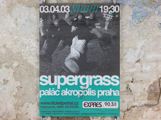 2003 signed Supergrass Concert Poster, Palac Akropolis Praha, signed by Gaz, Mick and Danny, Prague, Czechia, Britpop, music wall art decor