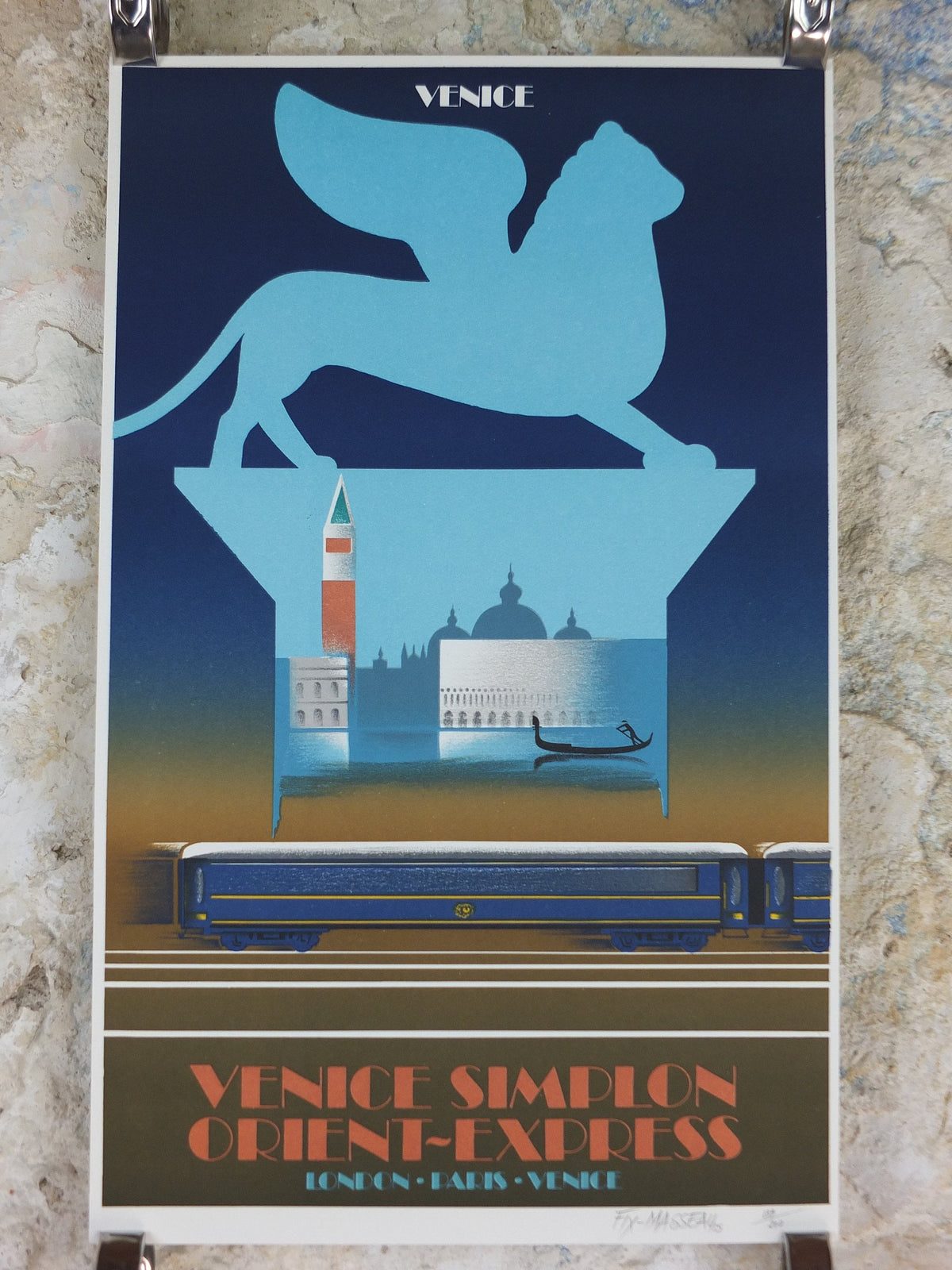 Signed Original Venice Simplon Orient Express Poster, Venice by Fix Masseau, 1985 limited edition of 200, train, art deco, wall art decor