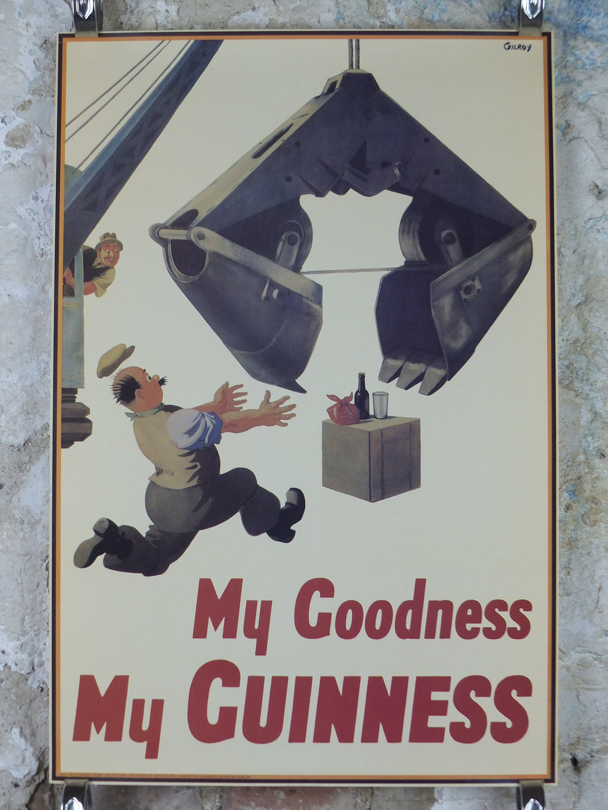 1990s My Goodness My Guinness Poster, from Guinness Museum, By John Gilroy 1938, crane stealing a picnic lunch, Wall art retro decor