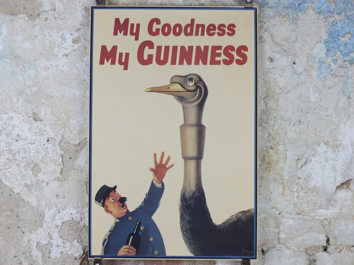1990s My Goodness My Guinness Poster, from Guinness Museum, By John Gilroy 1936, Ostrich has swallowed a Guinness, Wall art retro decor