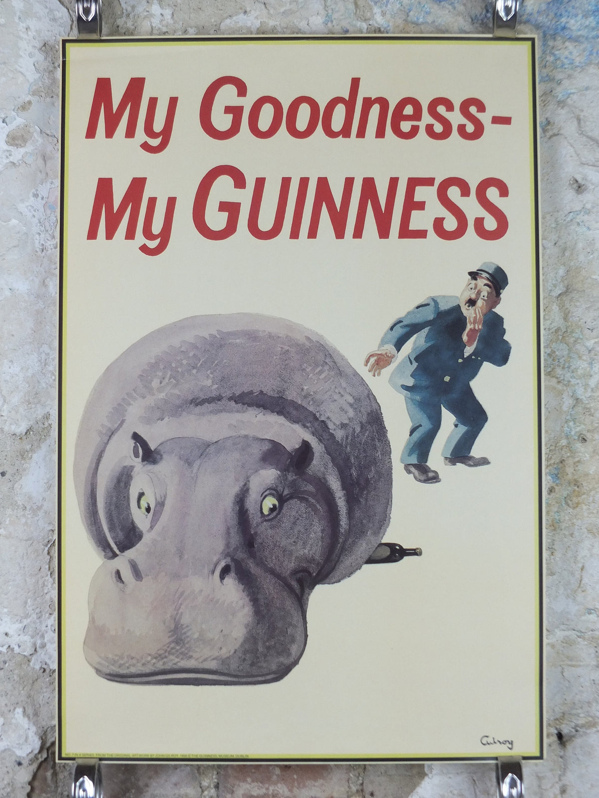 1990s My Goodness My Guinness Poster, from Guinness Museum, By John Gilroy 1956, Hippopotamus is lying on a Guinness, Wall art retro decor