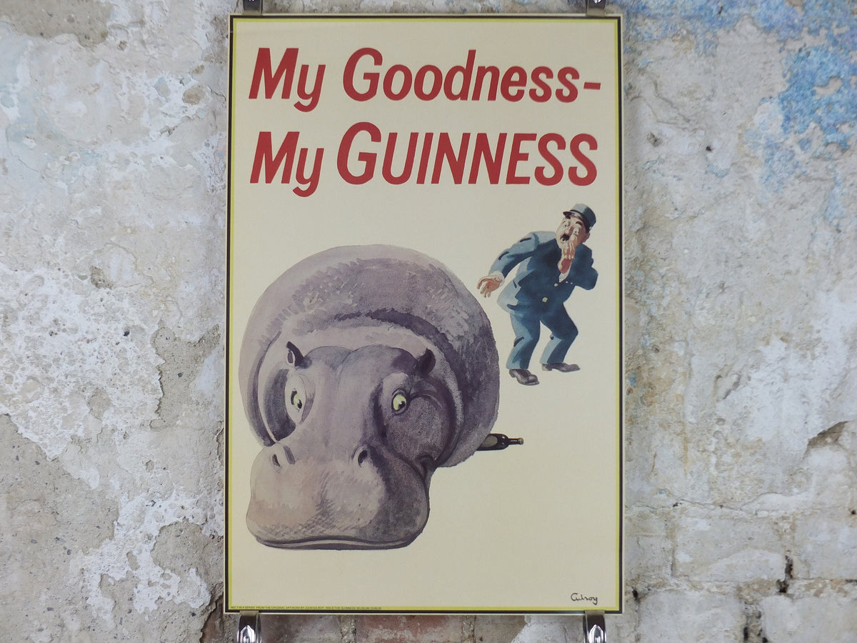1990s My Goodness My Guinness Poster, from Guinness Museum, By John Gilroy 1956, Hippopotamus is lying on a Guinness, Wall art retro decor