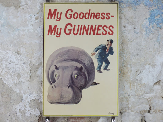1990s My Goodness My Guinness Poster, from Guinness Museum, By John Gilroy 1956, Hippopotamus is lying on a Guinness, Wall art retro decor