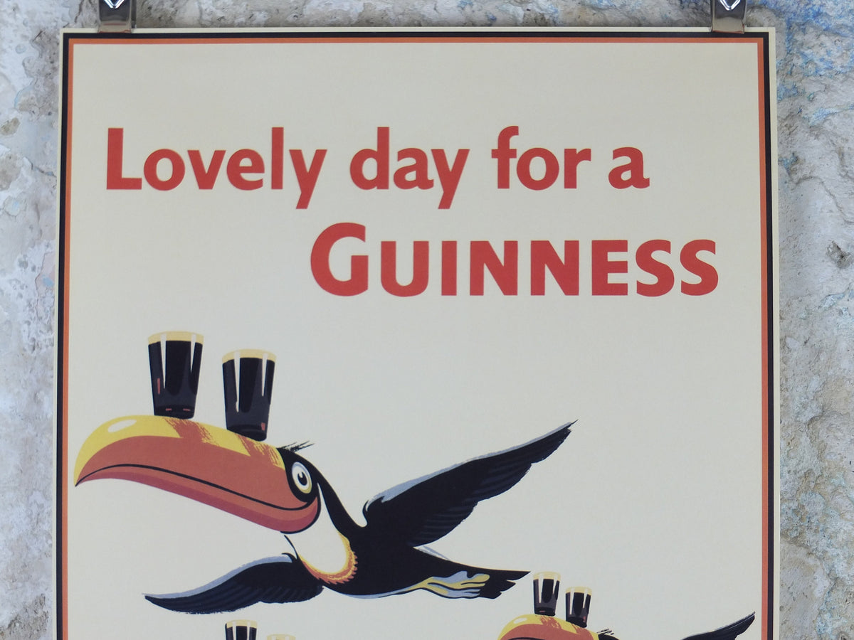 1990s Lovely Day for a Guinness Poster, from Guinness Museum, By John Gilroy 1955 Toucans flying with Guinness on beak, Wall art retro decor