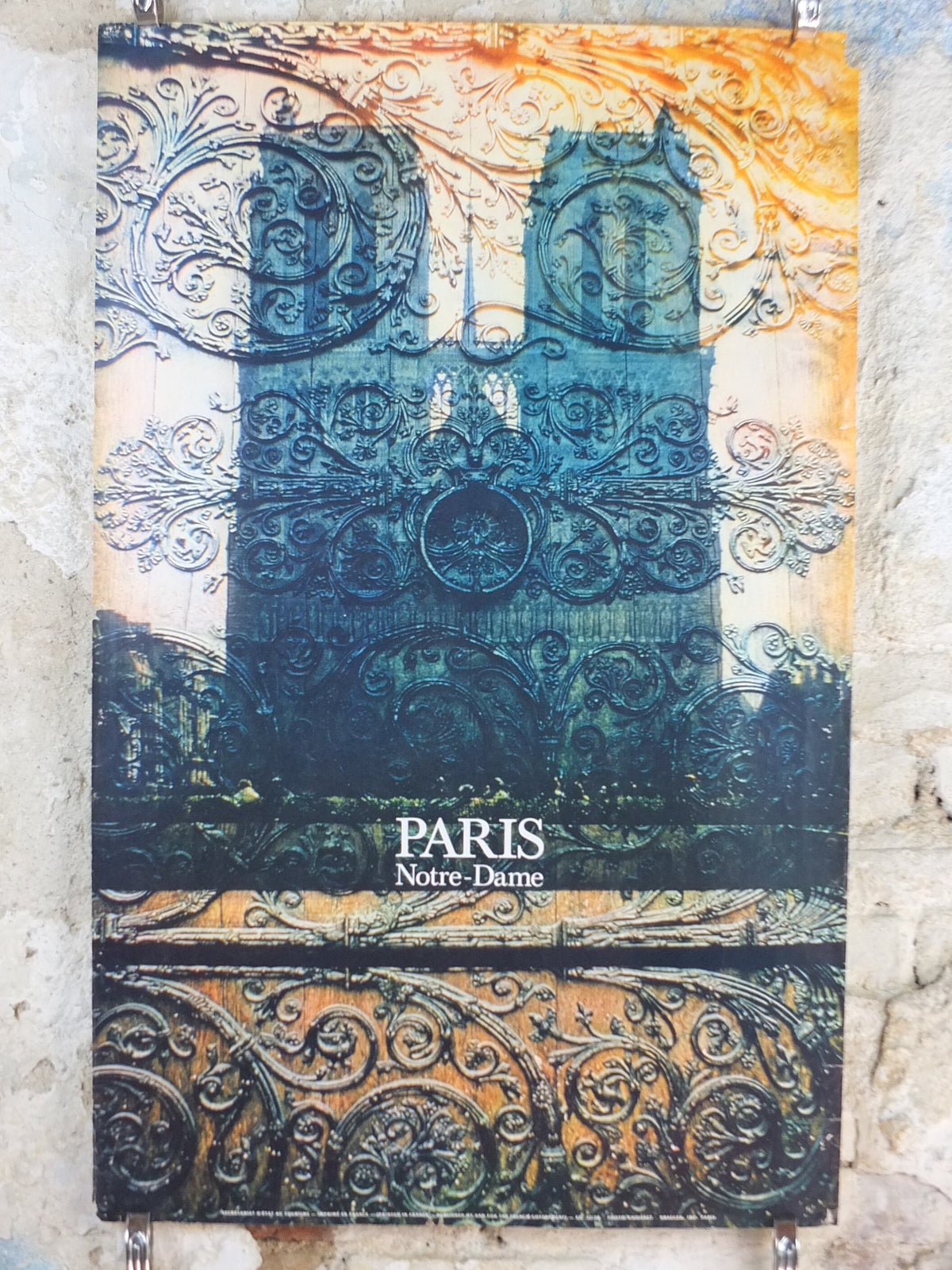 Notre Dame de Paris Poster, 1960s, church door, Our Lady of Paris, medieval cathedral on the River Seine, France, travel wall art decor