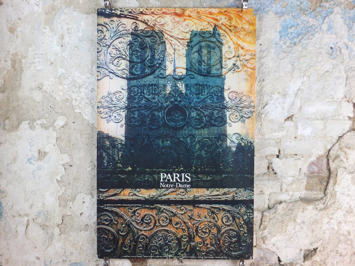 Notre Dame de Paris Poster, 1960s, church door, Our Lady of Paris, medieval cathedral on the River Seine, France, travel wall art decor