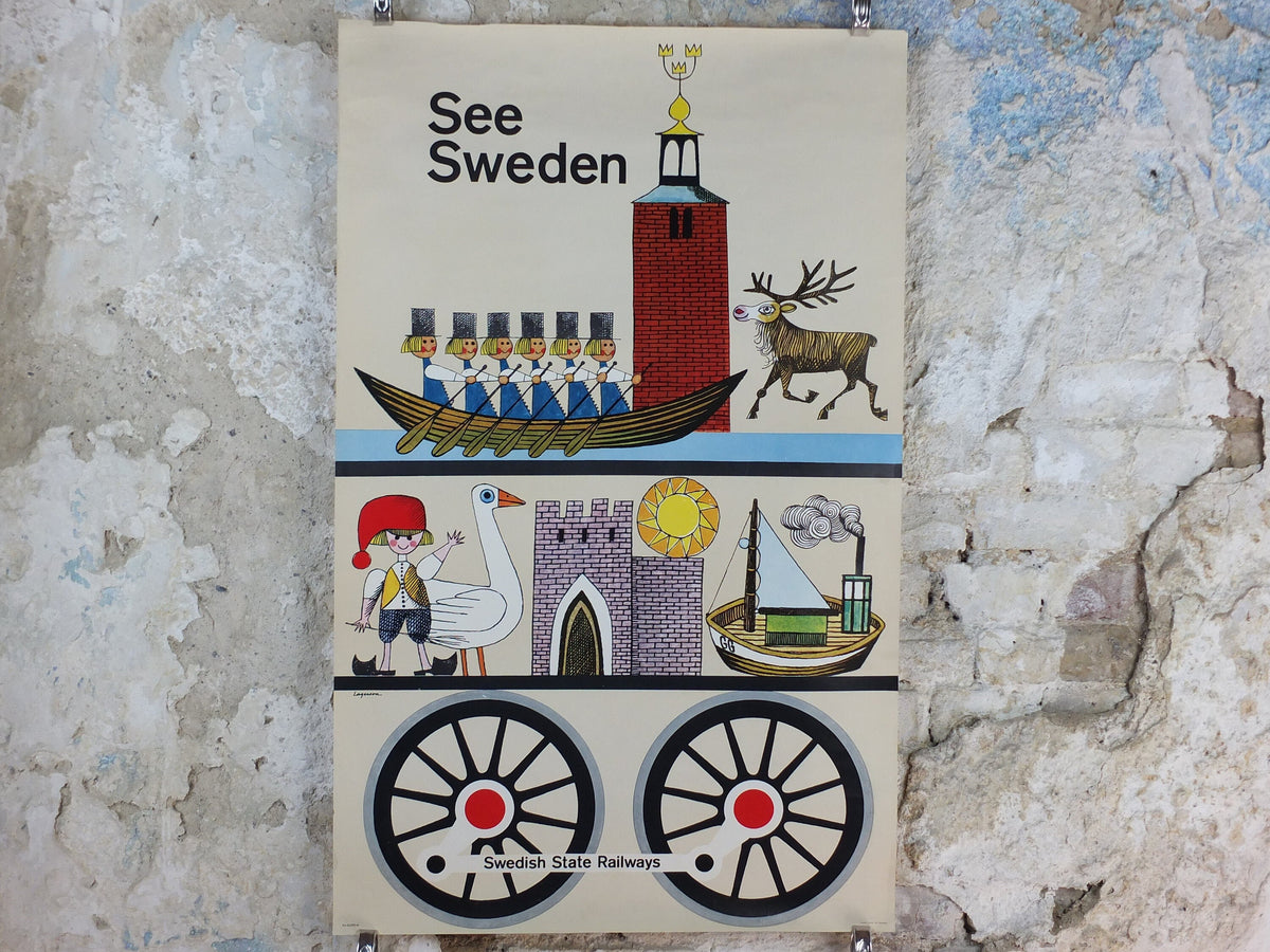 1962 Sweden Travel Poster, "See Sweden" by Lagerson, Svenska Tryckeri, Swedish State Railways, tourism vacation wall art decor