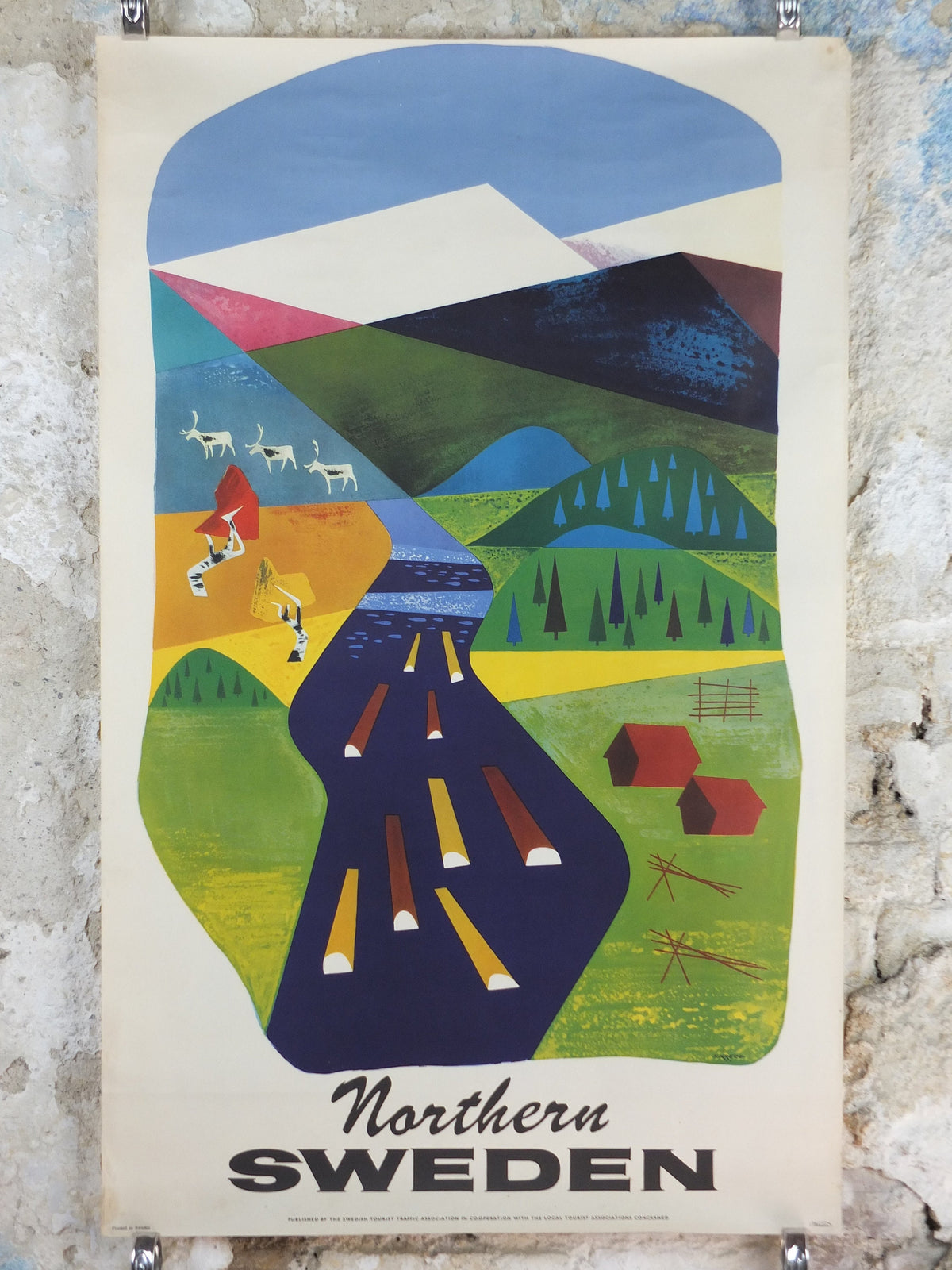 1950s Northern Sweden Travel Poster, by Olle Skrede, Swedish Tourist Traffic Association, mountains, rivers, tourism vacation wall art decor