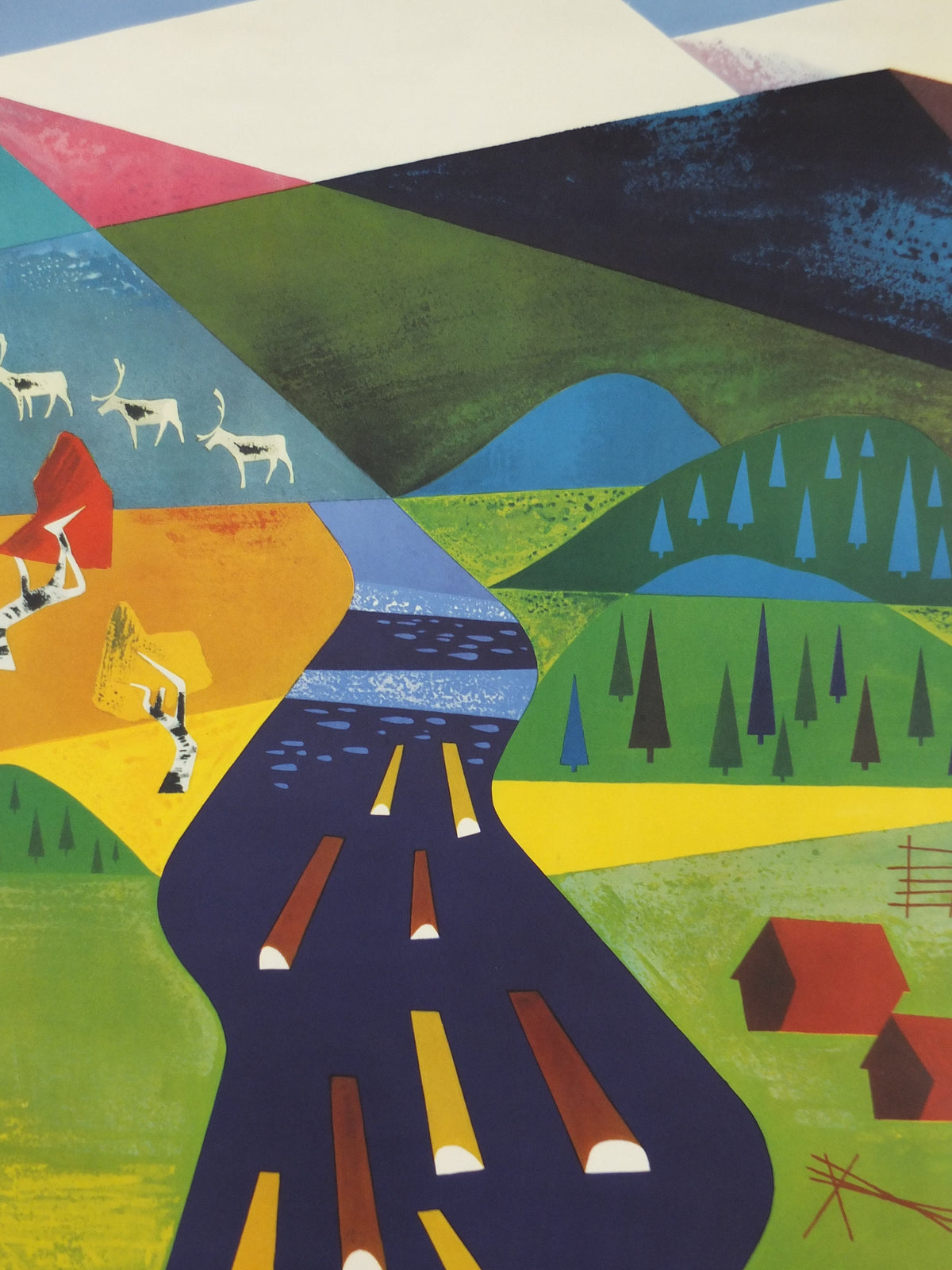 1950s Northern Sweden Travel Poster, by Olle Skrede, Swedish Tourist Traffic Association, mountains, rivers, tourism vacation wall art decor