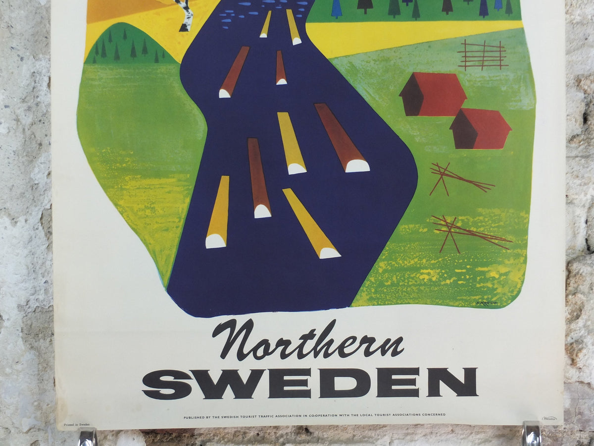 1950s Northern Sweden Travel Poster, by Olle Skrede, Swedish Tourist Traffic Association, mountains, rivers, tourism vacation wall art decor