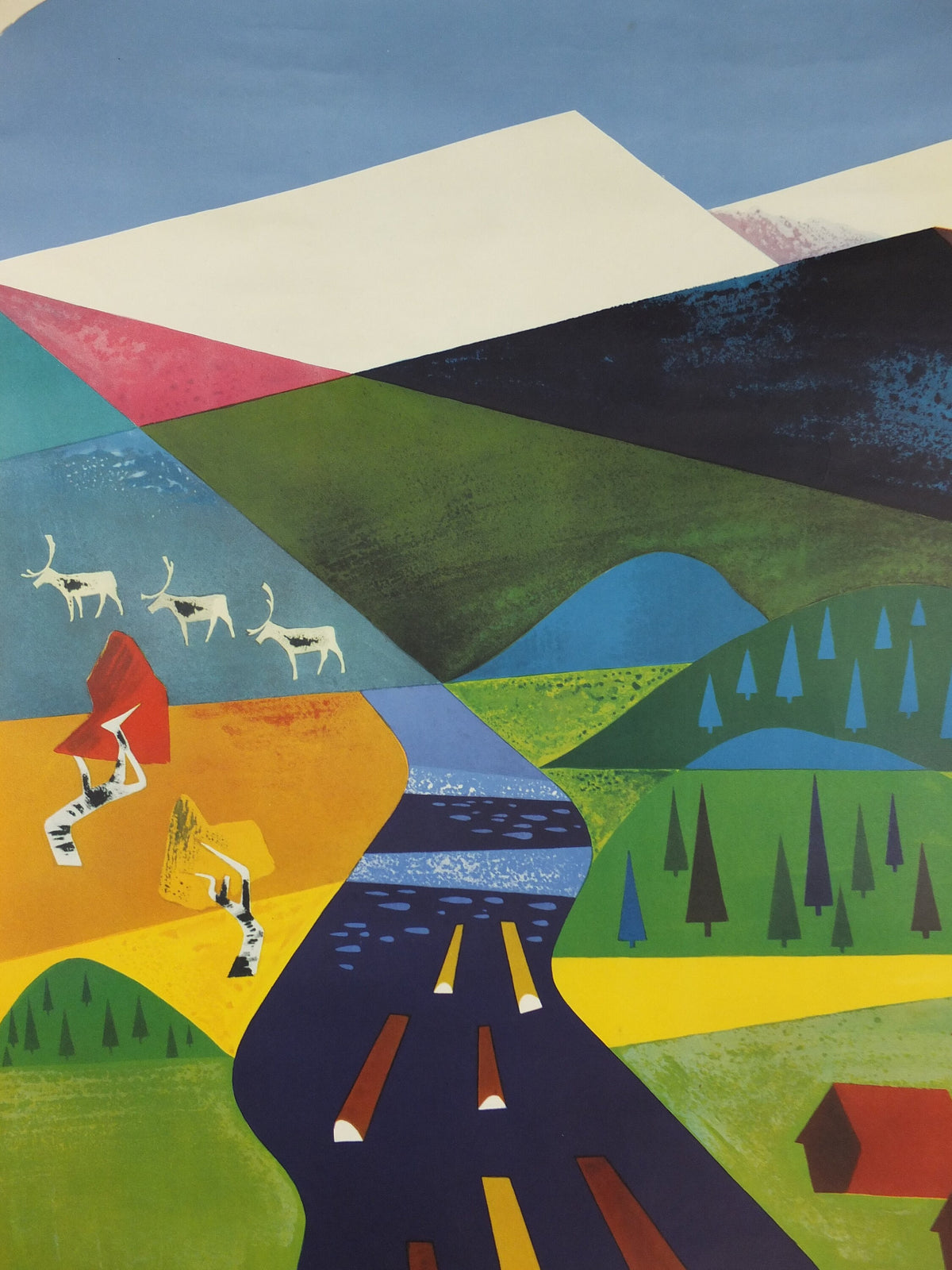 1950s Northern Sweden Travel Poster, by Olle Skrede, Swedish Tourist Traffic Association, mountains, rivers, tourism vacation wall art decor