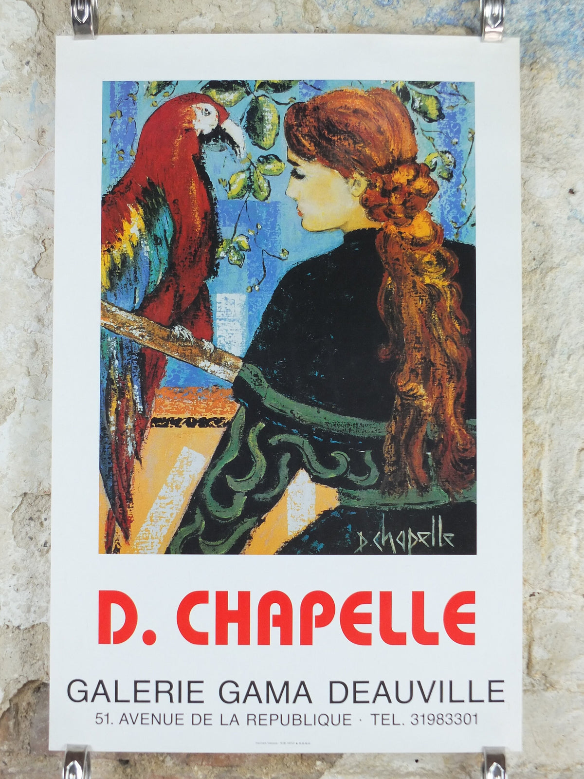 1990 D Chapelle Poster, woman with beautifully coiled, braided hair with brightly coloured parrot, artist gallery exhibition, wall art decor