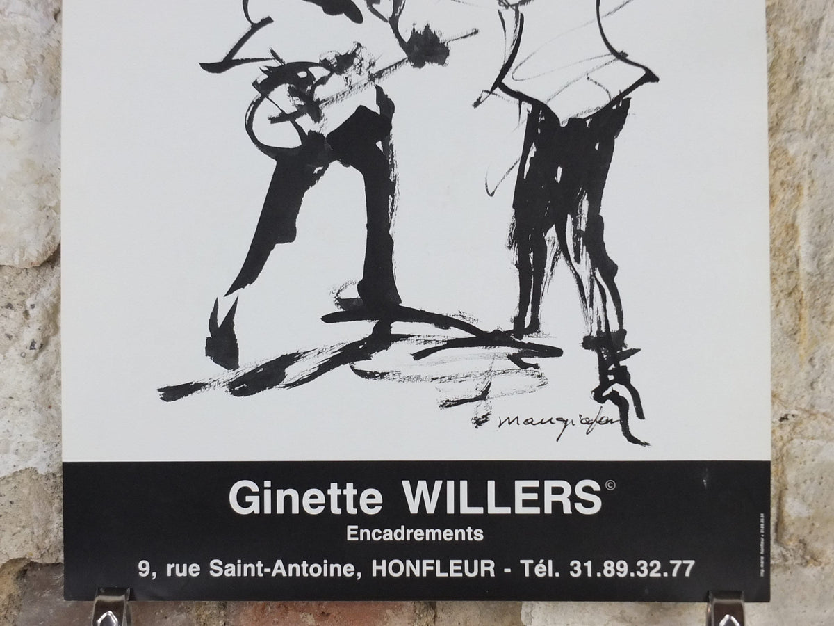 1980s Trumpet and Guitar Poster, Ginette Willers, musical drawing, Honfleur France, artist gallery exhibition, wall art decor