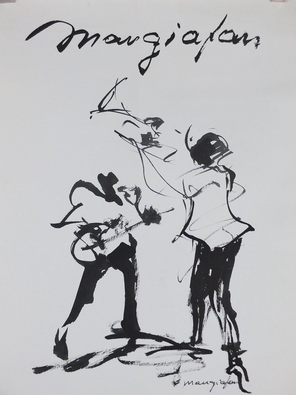 1980s Trumpet and Guitar Poster, Ginette Willers, musical drawing, Honfleur France, artist gallery exhibition, wall art decor