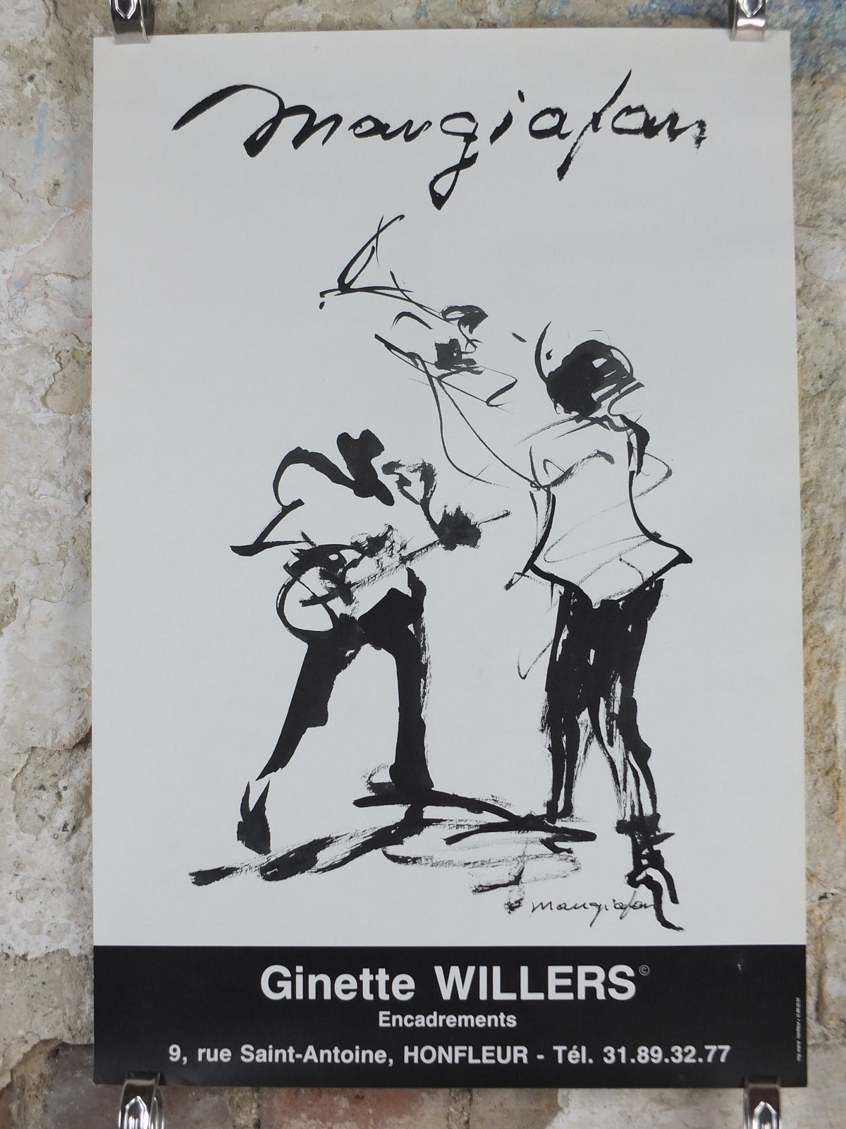 1980s Trumpet and Guitar Poster, Ginette Willers, musical drawing, Honfleur France, artist gallery exhibition, wall art decor