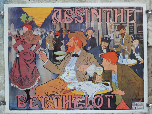 1970s Henri Thiriet Poster, Absinthe Berthelot, 19th century cafe scene in Paris, licenced to Athena, art deco nouveau, wall art decor