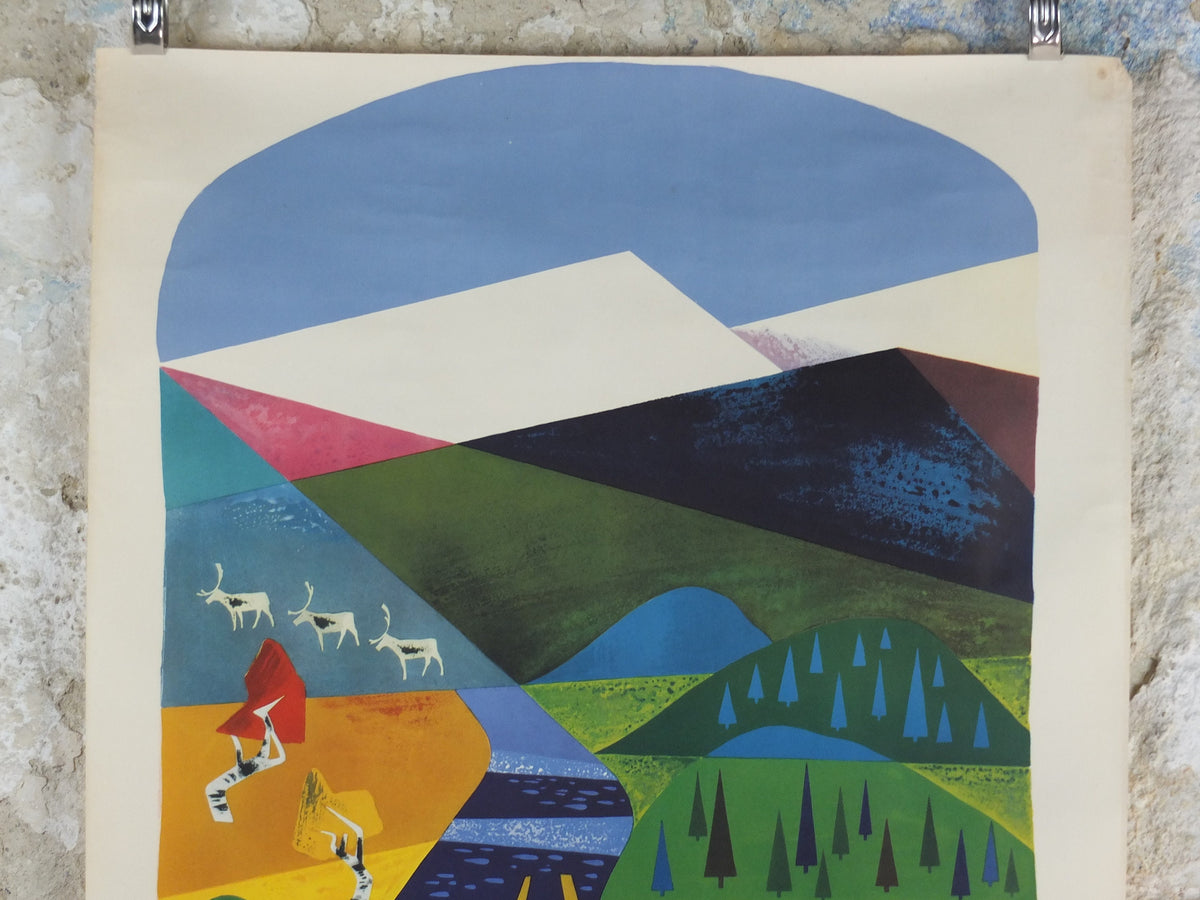 1950s Northern Sweden Travel Poster, by Olle Skrede, Swedish Tourist Traffic Association, mountains, rivers, tourism vacation wall art decor