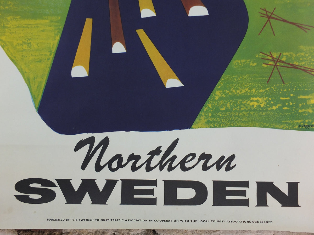 1950s Northern Sweden Travel Poster, by Olle Skrede, Swedish Tourist Traffic Association, mountains, rivers, tourism vacation wall art decor