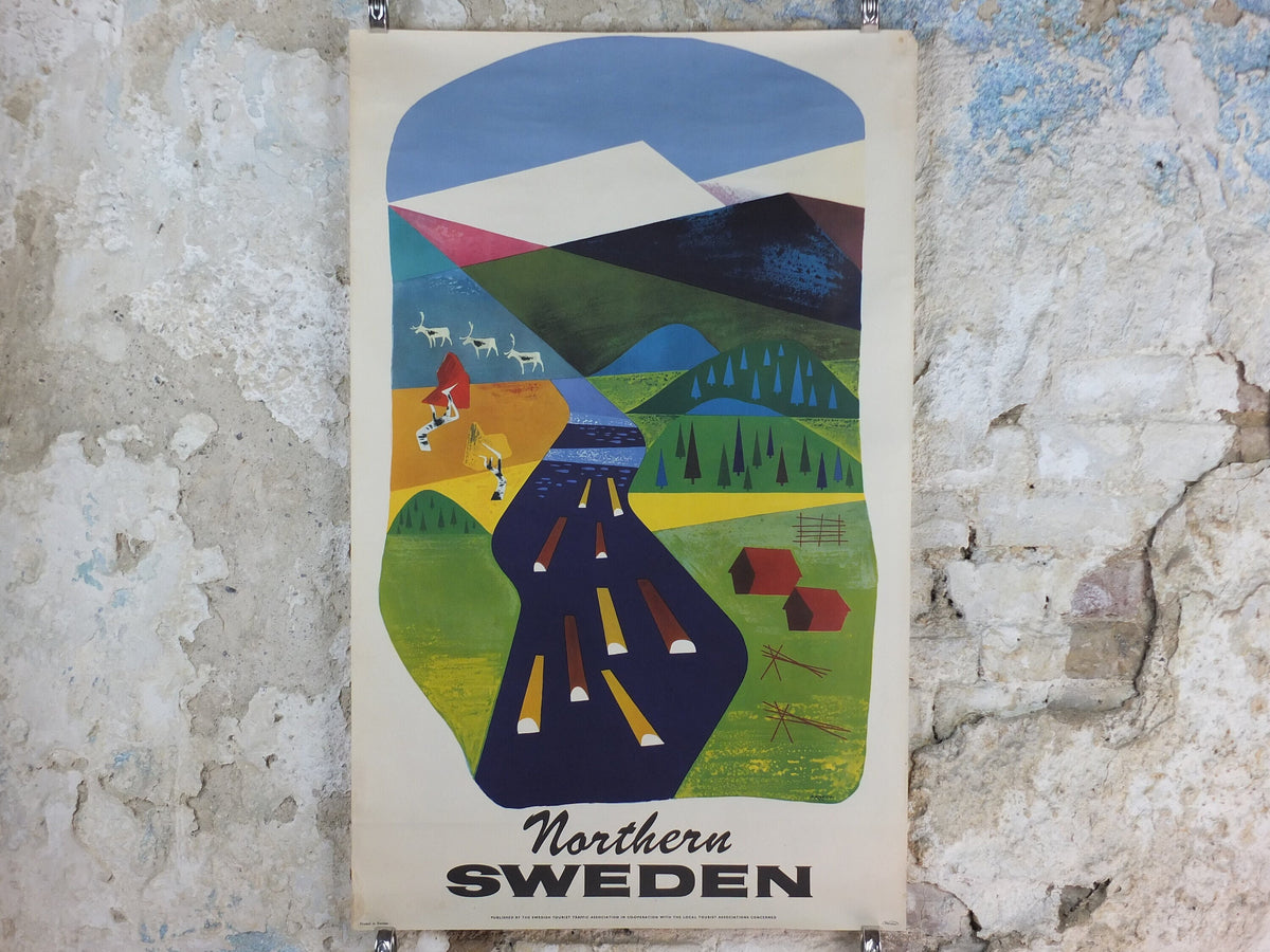 1950s Northern Sweden Travel Poster, by Olle Skrede, Swedish Tourist Traffic Association, mountains, rivers, tourism vacation wall art decor