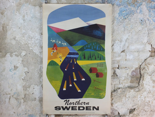 1950s Northern Sweden Travel Poster, by Olle Skrede, Swedish Tourist Traffic Association, mountains, rivers, tourism vacation wall art decor