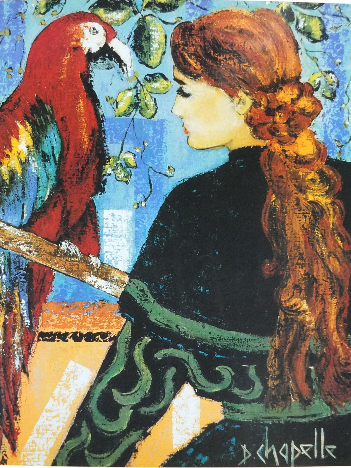 1990 D Chapelle Poster, woman with beautifully coiled, braided hair with brightly coloured parrot, artist gallery exhibition, wall art decor