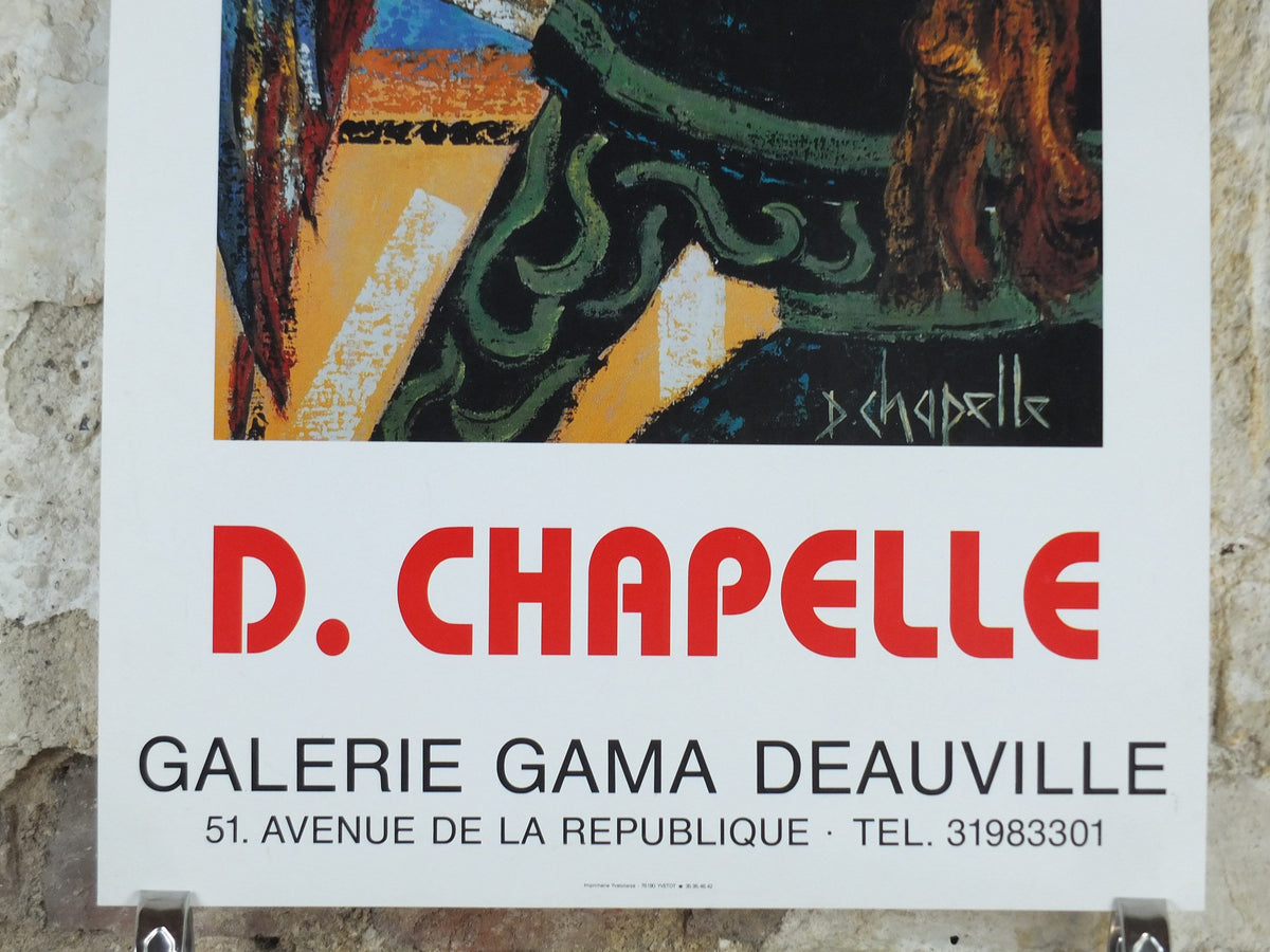 1990 D Chapelle Poster, woman with beautifully coiled, braided hair with brightly coloured parrot, artist gallery exhibition, wall art decor
